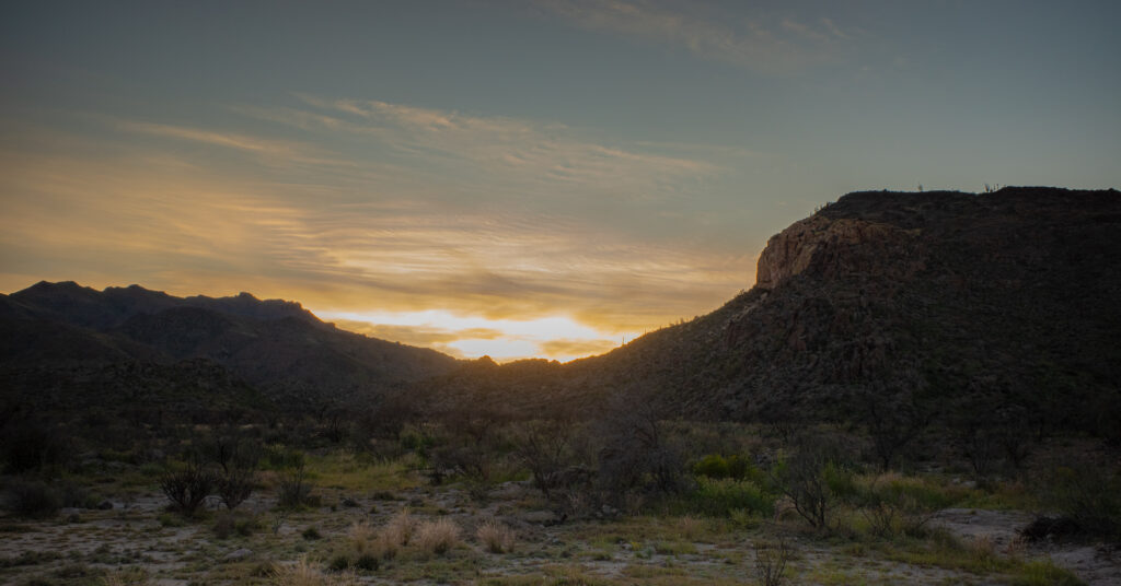 Sunset from a basin campsite in the Superstition Wilderness
