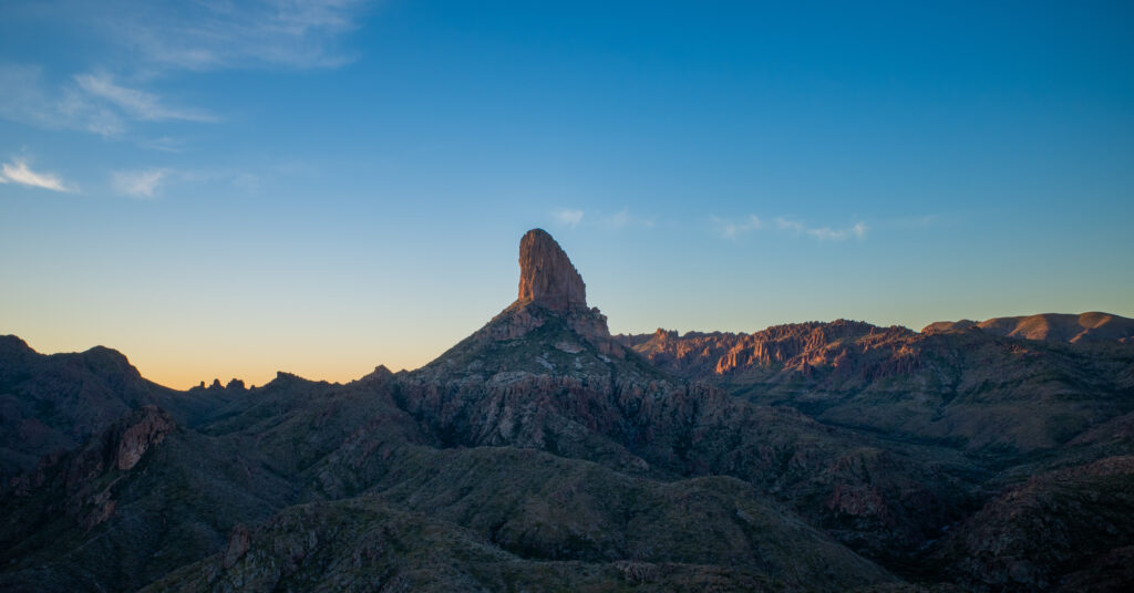 Sunrise on Weaver's Needle from Black Top Mesa campsite
