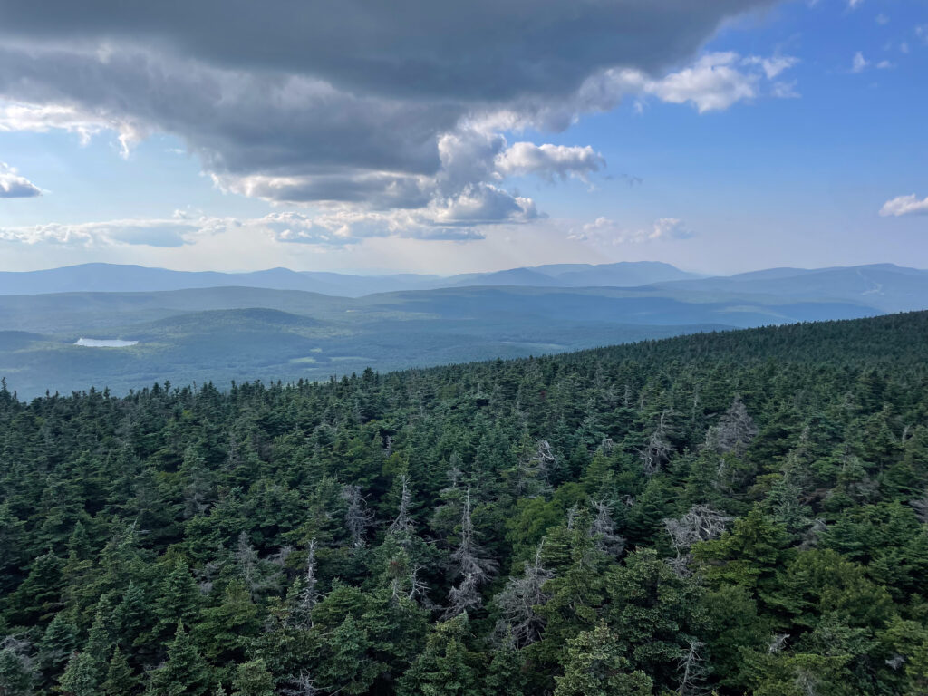 Forested ridges and distant mountains from the Stratton Mountain fire tower