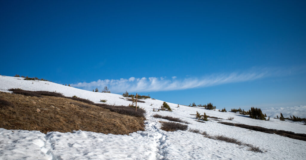Boot prints crossing a snowfield above treeline on Mount Elbert's East Ridge