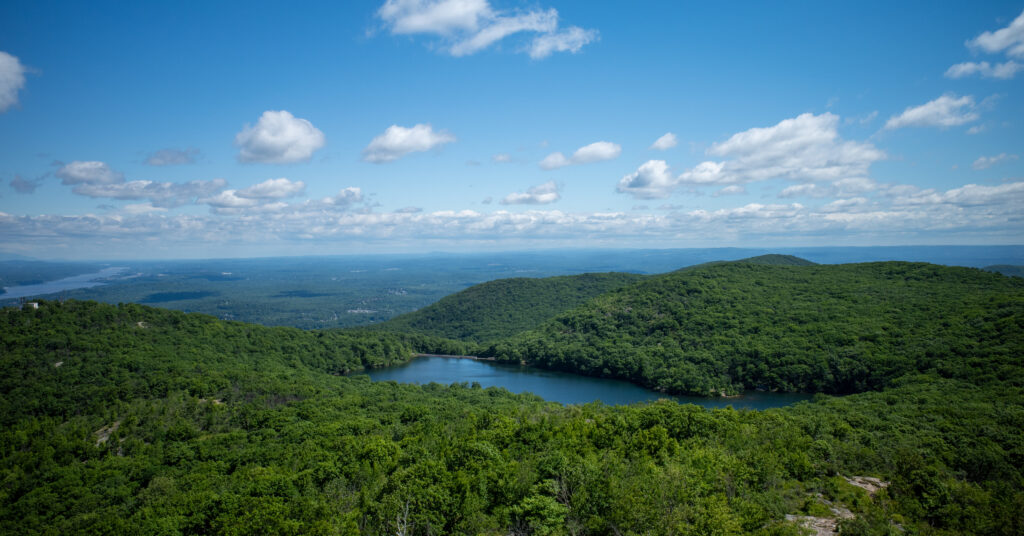 Beacon Reservoir and forested Hudson Valley hills viewed from the Beacon Fire Tower