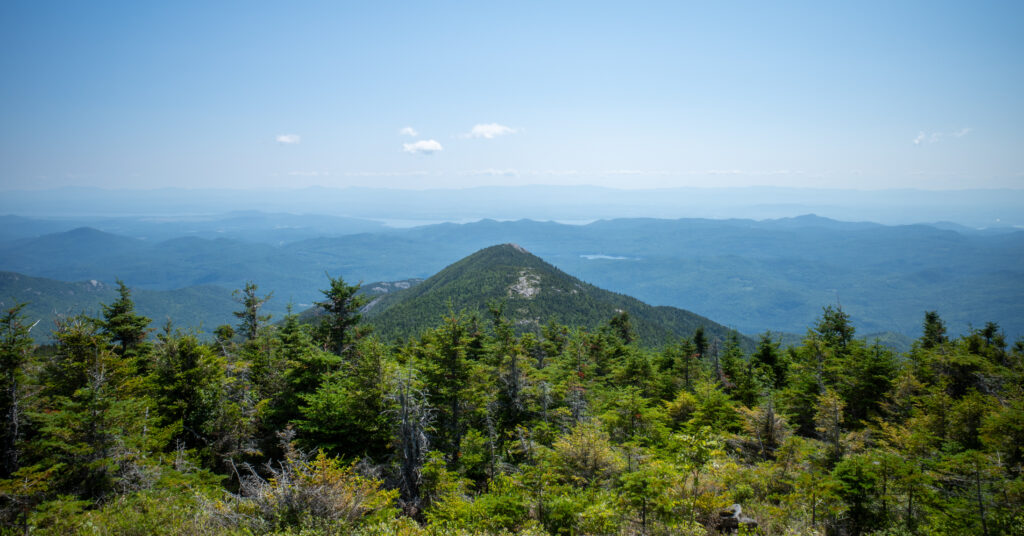 Forested ridge east of Rocky Peak Ridge with the Lake Champlain Valley beyond.