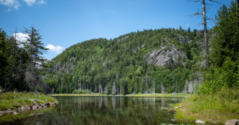 Giant Washbowl reflecting a forested rocky slope under blue sky.