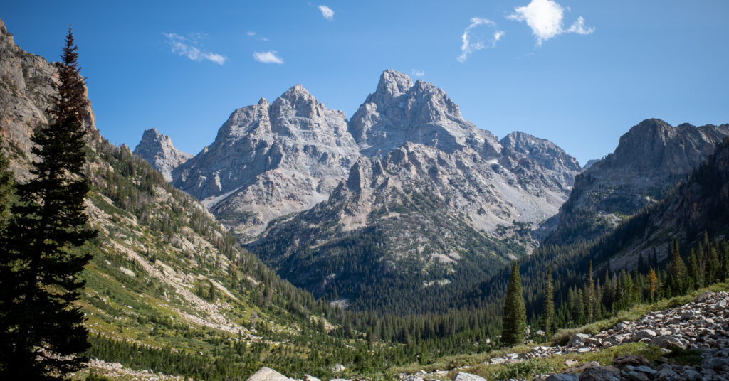Jagged Teton peaks above the forested North Fork of Cascade Canyon