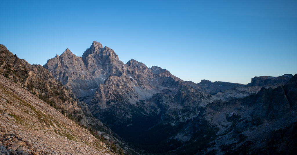 Teton peaks and the shadowed canyon below the climb toward Paintbrush Divide